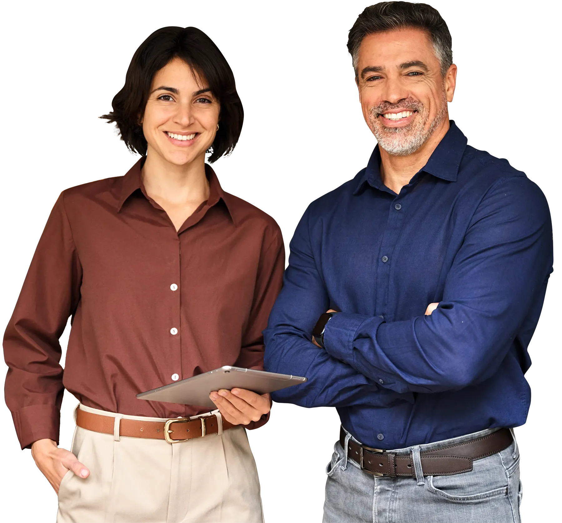 Professional woman and man posing in front of the camera wearing formal attire.